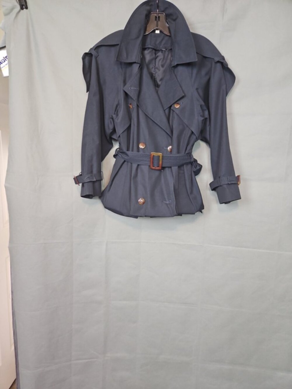 Vintage Croppws Navy Double-Breasted Trench Coat with Belt